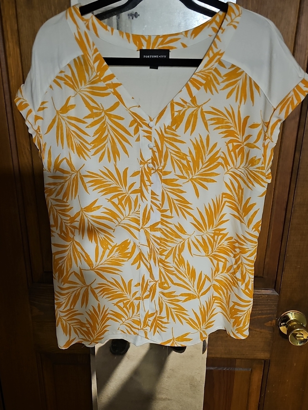 Fortune & Ivy White V-Neck Blouse with Mustard Palm Print